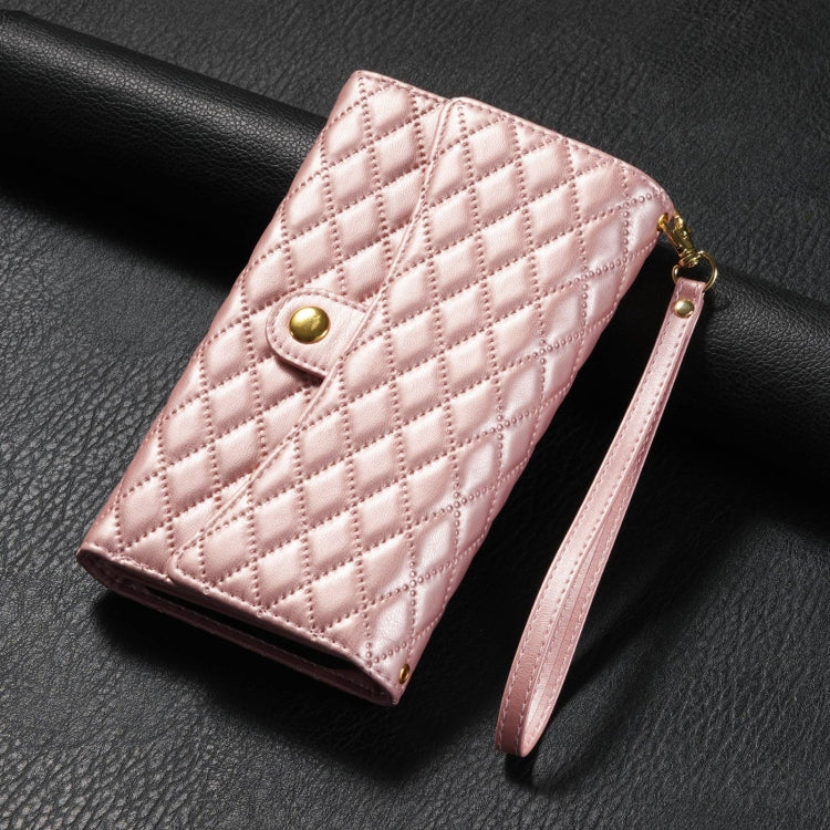 For iPhone 14 Pro Zipper Multi-Card Wallet Rhombic Leather Phone Case(Rose Gold) - iPhone 14 Pro Cases by buy2fix | Online Shopping UK | buy2fix