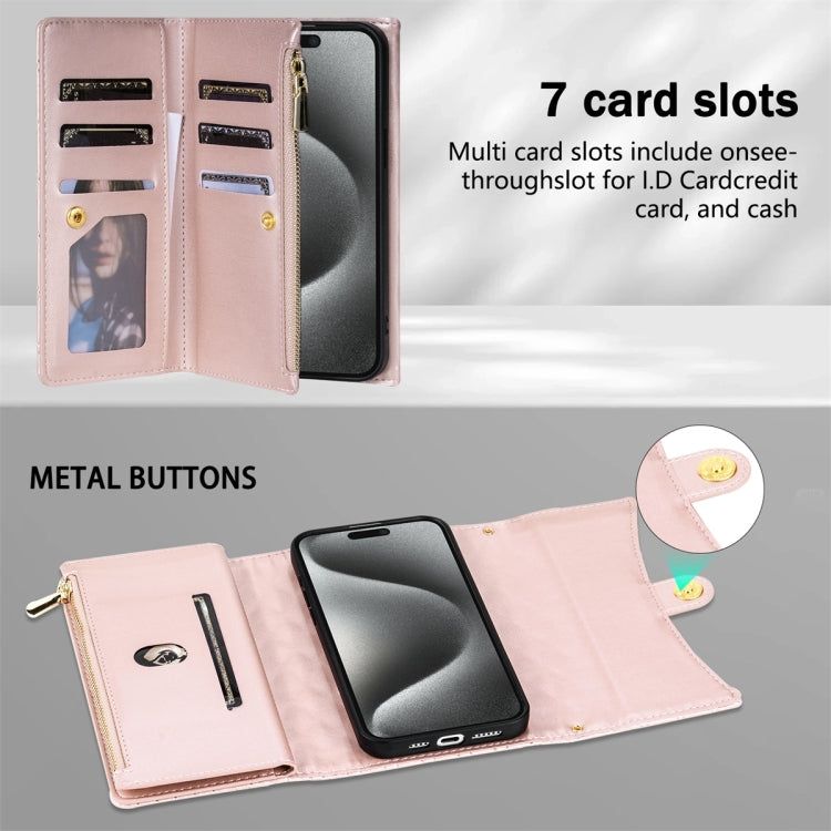 For iPhone 14 Pro Zipper Multi-Card Wallet Rhombic Leather Phone Case(Rose Gold) - iPhone 14 Pro Cases by buy2fix | Online Shopping UK | buy2fix