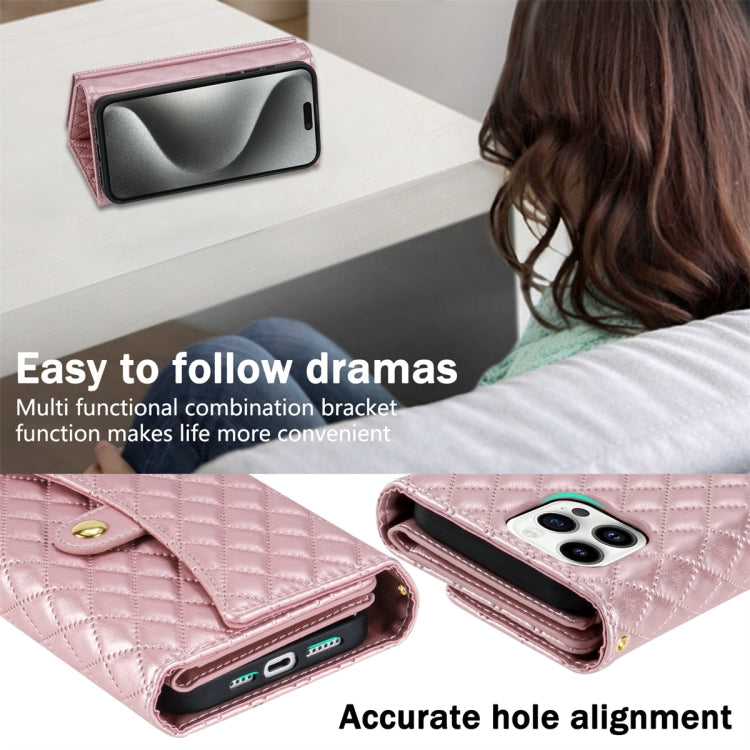 For iPhone 14 Pro Zipper Multi-Card Wallet Rhombic Leather Phone Case(Rose Gold) - iPhone 14 Pro Cases by buy2fix | Online Shopping UK | buy2fix