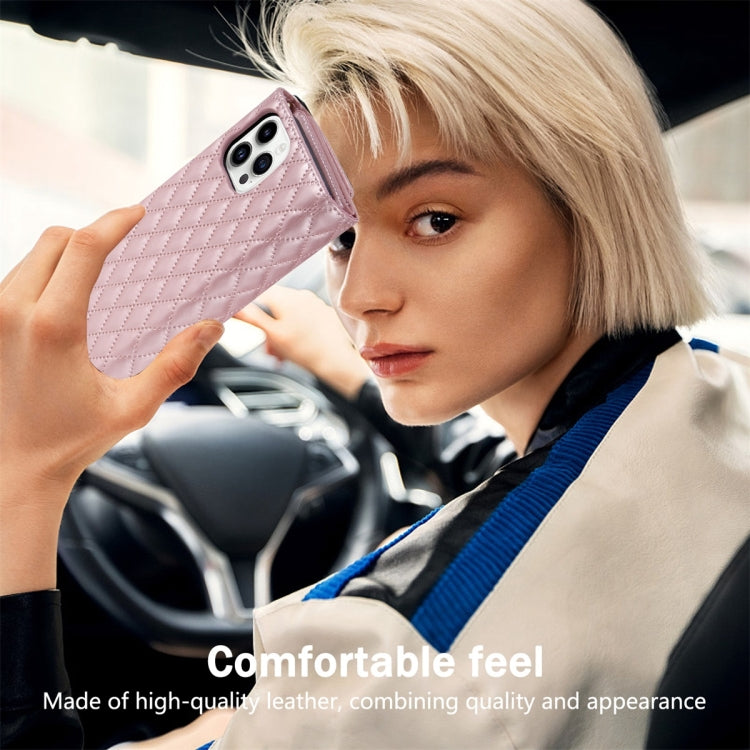 For iPhone 14 Pro Zipper Multi-Card Wallet Rhombic Leather Phone Case(Rose Gold) - iPhone 14 Pro Cases by buy2fix | Online Shopping UK | buy2fix