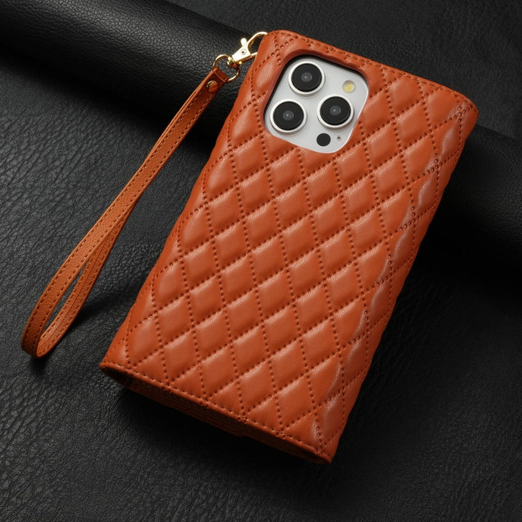 For iPhone 14 Pro Zipper Multi-Card Wallet Rhombic Leather Phone Case(Brown) - iPhone 14 Pro Cases by buy2fix | Online Shopping UK | buy2fix