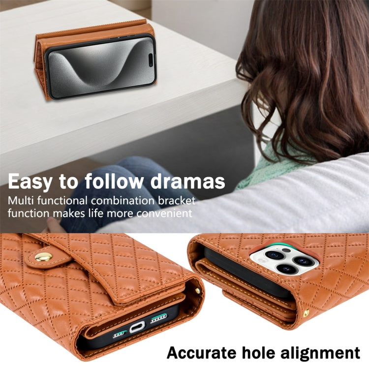 For iPhone 14 Pro Zipper Multi-Card Wallet Rhombic Leather Phone Case(Brown) - iPhone 14 Pro Cases by buy2fix | Online Shopping UK | buy2fix