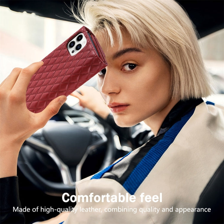 For iPhone 14 Pro Max Zipper Multi-Card Wallet Rhombic Leather Phone Case(Red) - iPhone 14 Pro Max Cases by buy2fix | Online Shopping UK | buy2fix