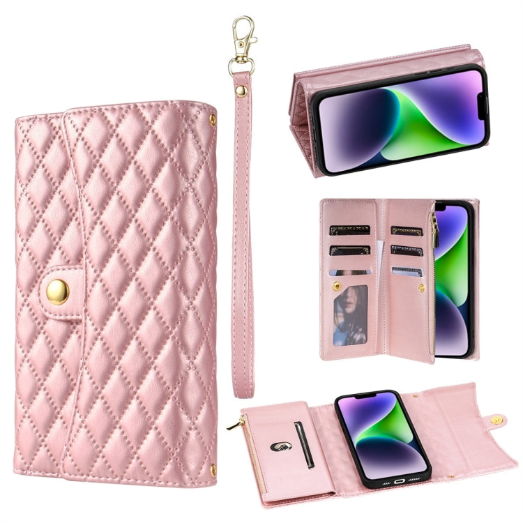 For iPhone 13 Zipper Multi-Card Wallet Rhombic Leather Phone Case(Rose Gold) - iPhone 13 Cases by buy2fix | Online Shopping UK | buy2fix