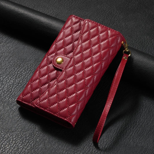For iPhone 12 / 12 Pro Zipper Multi-Card Wallet Rhombic Leather Phone Case(Red) - iPhone 12 / 12 Pro Cases by buy2fix | Online Shopping UK | buy2fix
