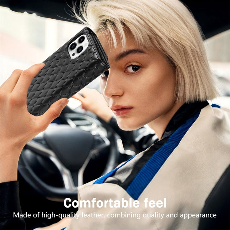 For iPhone 12 Pro Max Zipper Multi-Card Wallet Rhombic Leather Phone Case(Black) - iPhone 12 Pro Max Cases by buy2fix | Online Shopping UK | buy2fix