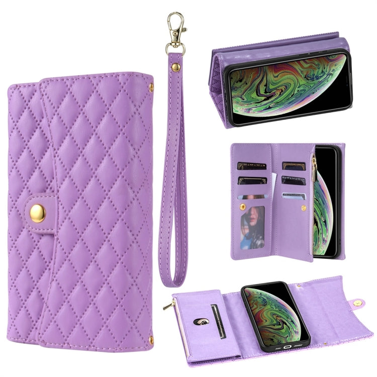 For iPhone X / XS Zipper Multi-Card Wallet Rhombic Leather Phone Case(Purple) - More iPhone Cases by buy2fix | Online Shopping UK | buy2fix
