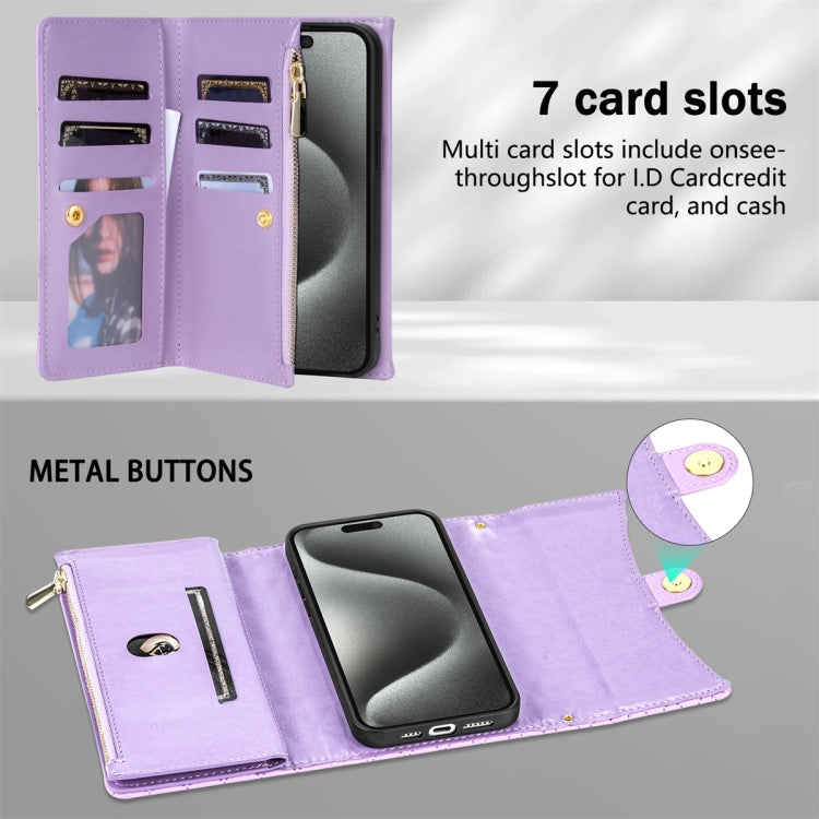 For iPhone X / XS Zipper Multi-Card Wallet Rhombic Leather Phone Case(Purple) - More iPhone Cases by buy2fix | Online Shopping UK | buy2fix