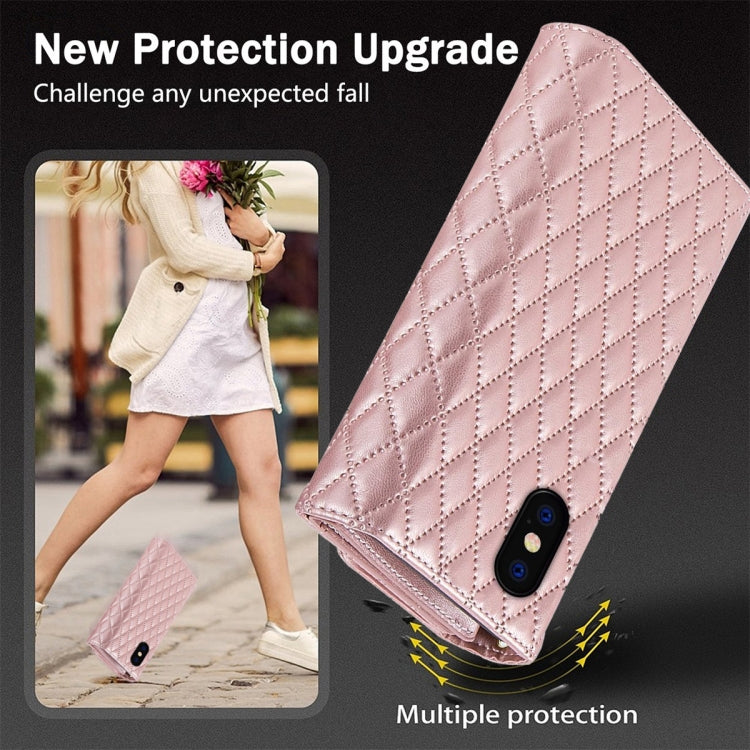 For iPhone X / XS Zipper Multi-Card Wallet Rhombic Leather Phone Case(Rose Gold) - More iPhone Cases by buy2fix | Online Shopping UK | buy2fix