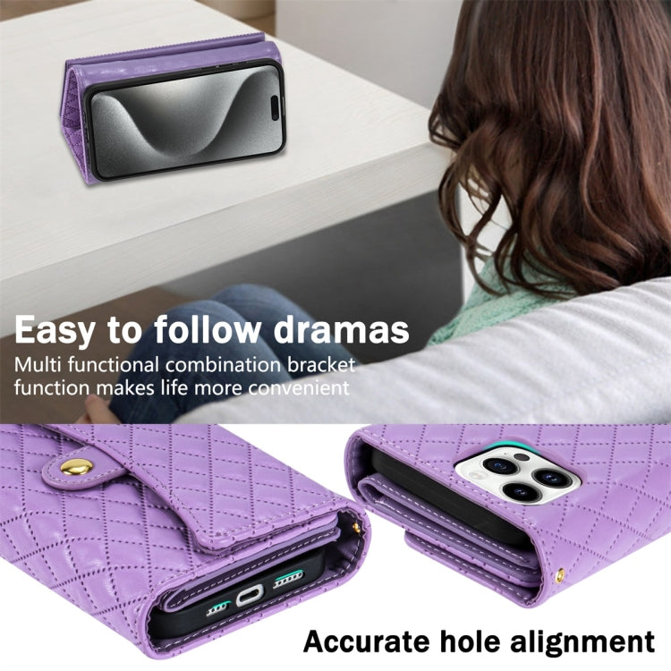 For iPhone XS Max Zipper Multi-Card Wallet Rhombic Leather Phone Case(Purple) - More iPhone Cases by buy2fix | Online Shopping UK | buy2fix