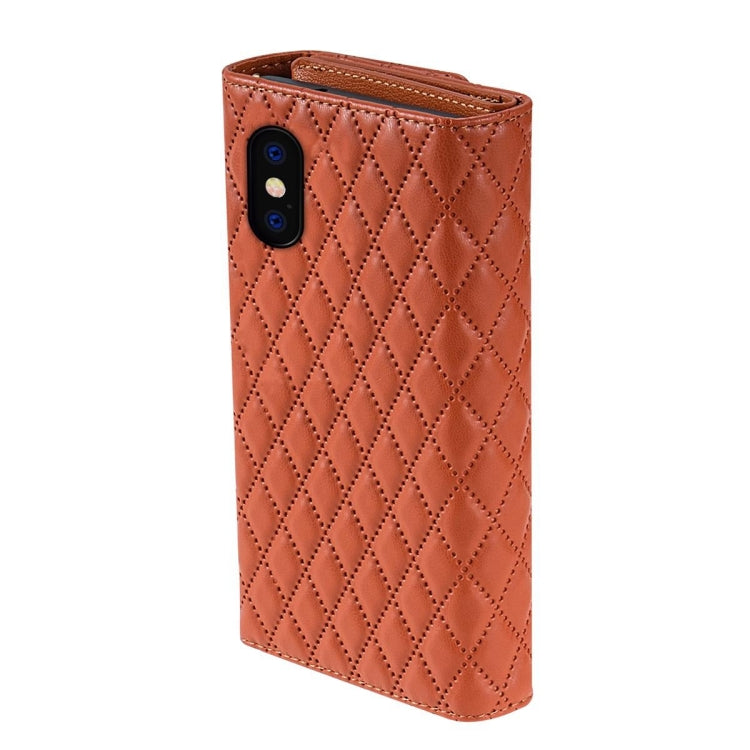 For iPhone XS Max Zipper Multi-Card Wallet Rhombic Leather Phone Case(Brown) - More iPhone Cases by buy2fix | Online Shopping UK | buy2fix