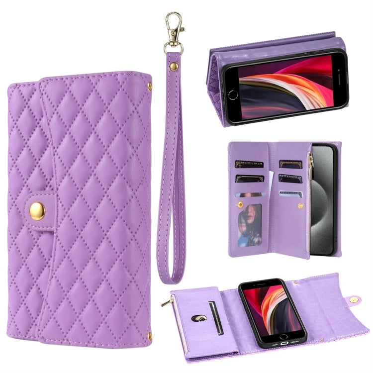 For iPhone 7 / 8 / SE 2022 Zipper Multi-Card Wallet Rhombic Leather Phone Case(Purple) - iPhone SE 2022 / 2020 / 8 / 7 Cases by buy2fix | Online Shopping UK | buy2fix
