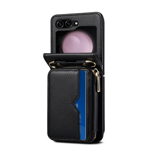 For Samsung Galaxy Z Flip5 Folding Leather Phone Case with Long Lanyard(Black) - Galaxy Z Flip5 Cases by buy2fix | Online Shopping UK | buy2fix