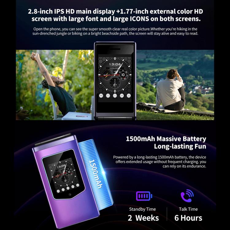 HAMTOD T8 4G Flip Phone, EU Version, 2.8 inch + 1.77 inch, VoLTE, BT, SOS, OTG(Black) - Other by HAMTOD | Online Shopping UK | buy2fix
