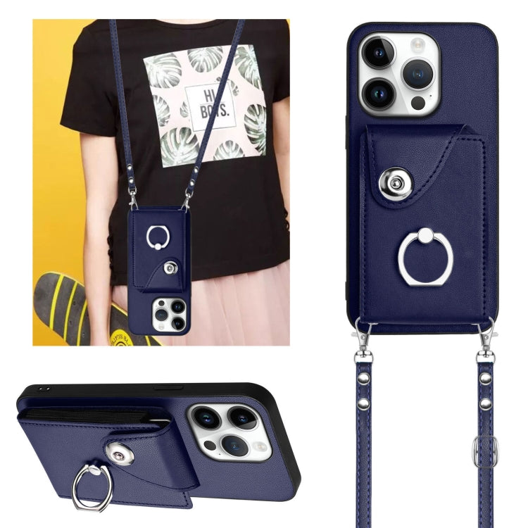 For iPhone 16 Pro Organ Card Bag Ring Holder Phone Case with Long Lanyard(Blue) by buy2fix