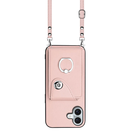 For iPhone 16 Plus Organ Card Bag Ring Holder Phone Case with Long Lanyard(Pink) by buy2fix