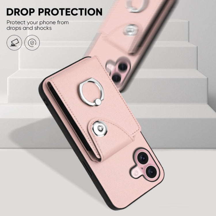 For iPhone 16 Plus Organ Card Bag Ring Holder Phone Case with Long Lanyard(Pink) - iPhone 16 Plus Cases by buy2fix | Online Shopping UK | buy2fix
