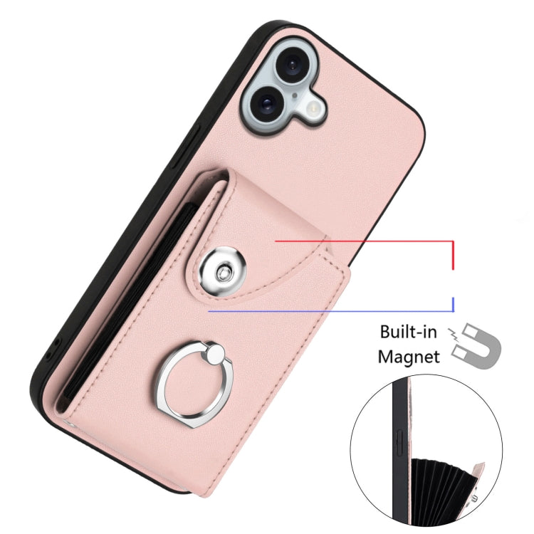 For iPhone 16 Plus Organ Card Bag Ring Holder Phone Case with Long Lanyard(Pink) - iPhone 16 Plus Cases by buy2fix | Online Shopping UK | buy2fix