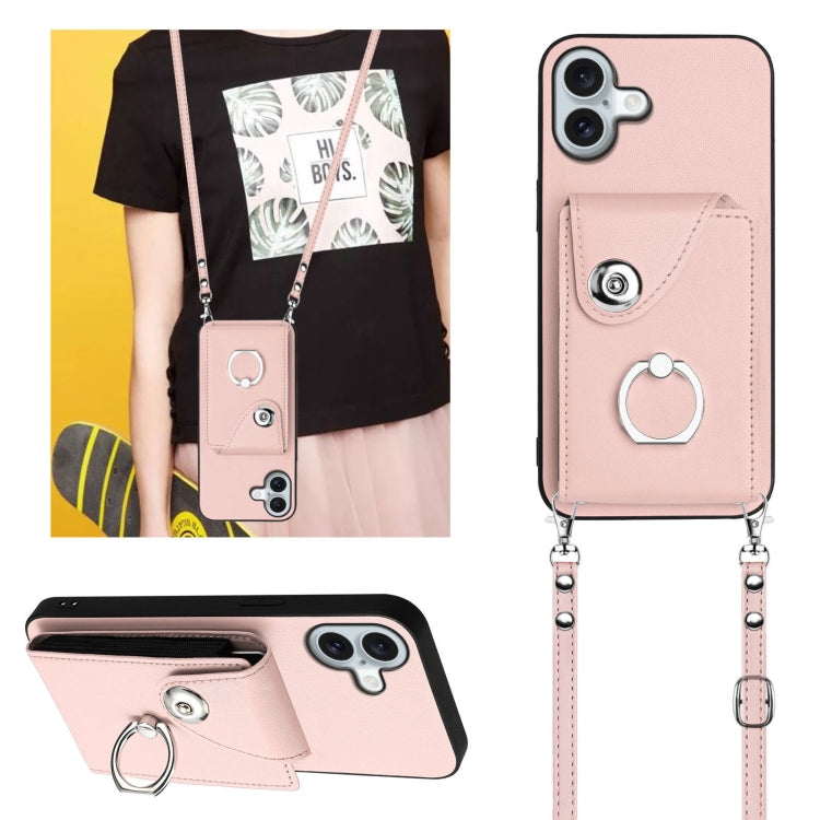 For iPhone 16 Plus Organ Card Bag Ring Holder Phone Case with Long Lanyard(Pink) - iPhone 16 Plus Cases by buy2fix | Online Shopping UK | buy2fix
