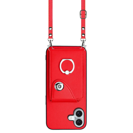 For iPhone 16 Plus Organ Card Bag Ring Holder Phone Case with Long Lanyard(Red) by buy2fix