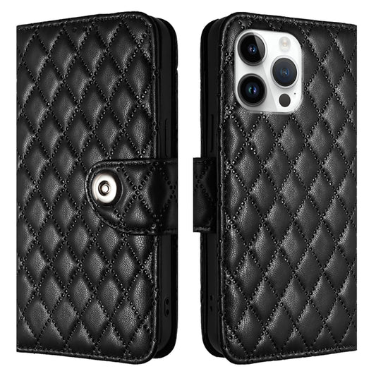 For iPhone 16 Pro Max Rhombic Texture Flip Leather Phone Case with Lanyard(Black) by buy2fix