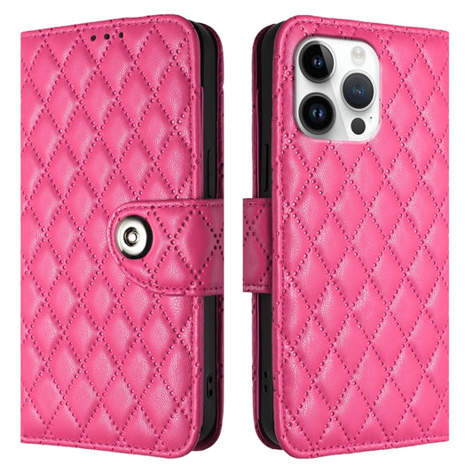 For iPhone 16 Pro Max Rhombic Texture Flip Leather Phone Case with Lanyard(Rose Red) by buy2fix