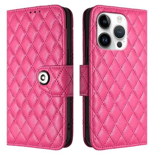 For iPhone 16 Pro Rhombic Texture Flip Leather Phone Case with Lanyard(Rose Red) by buy2fix