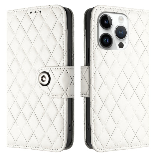 For iPhone 16 Pro Rhombic Texture Flip Leather Phone Case with Lanyard(White) by buy2fix