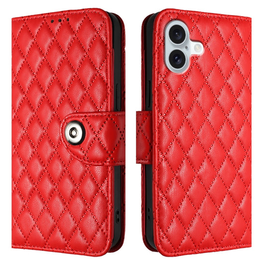 For iPhone 16 Plus Rhombic Texture Flip Leather Phone Case with Lanyard(Red) by buy2fix
