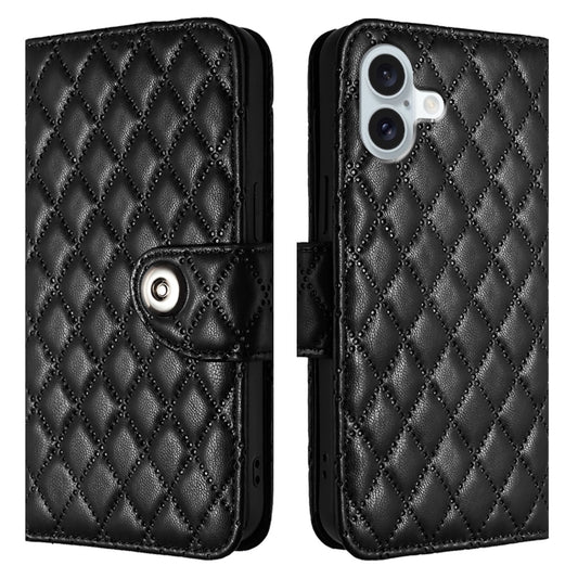 For iPhone 16 Plus Rhombic Texture Flip Leather Phone Case with Lanyard(Black) by buy2fix
