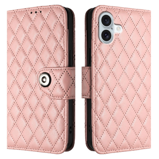 For iPhone 16 Plus Rhombic Texture Flip Leather Phone Case with Lanyard(Coral Pink) by buy2fix