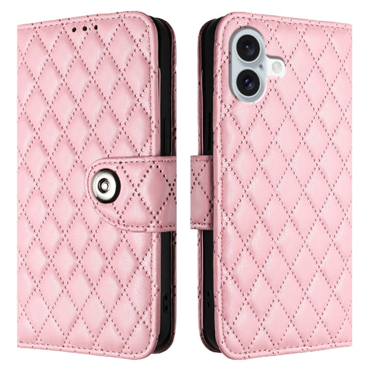 For iPhone 16 Plus Rhombic Texture Flip Leather Phone Case with Lanyard(Pink) by buy2fix