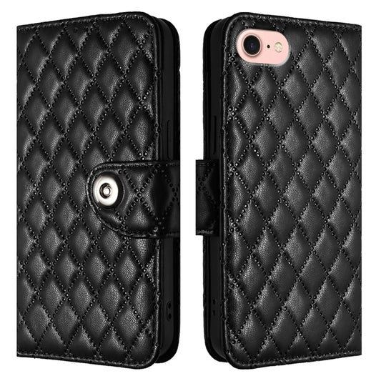 For iPhone SE 2024 Rhombic Texture Flip Leather Phone Case with Lanyard(Black) by buy2fix