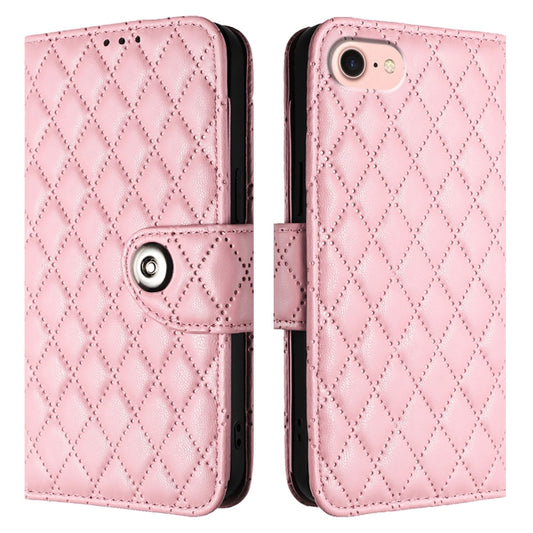 For iPhone SE 2024 Rhombic Texture Flip Leather Phone Case with Lanyard(Pink) by buy2fix