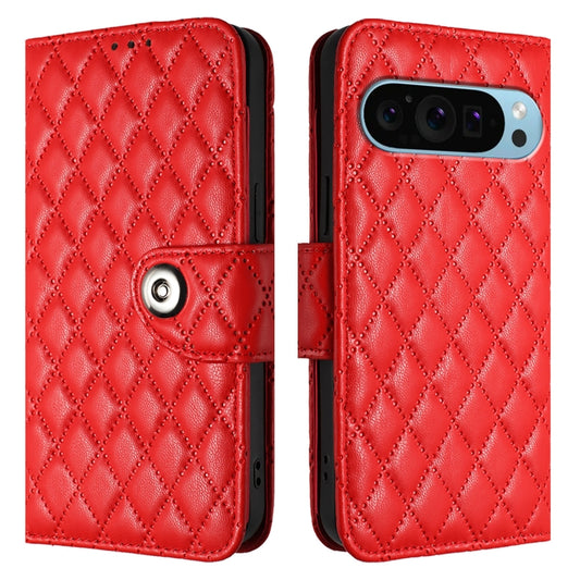 For Google Pixel 9 / Pixel 9 Pro Rhombic Texture Flip Leather Phone Case with Lanyard(Red) by buy2fix