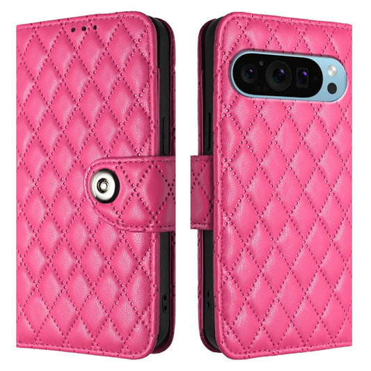 For Google Pixel 9 / Pixel 9 Pro Rhombic Texture Flip Leather Phone Case with Lanyard(Rose Red) by buy2fix