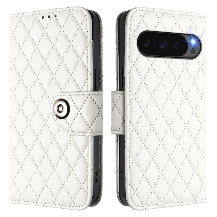 For Google Pixel 10 Pro XL 5G Global Rhombic Texture Flip Leather Phone Case with Lanyard(White) - Google Cases by buy2fix | Online Shopping UK | buy2fix