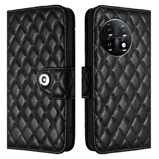 For OnePlus 11 Rhombic Texture Flip Leather Phone Case with Lanyard(Black) by buy2fix
