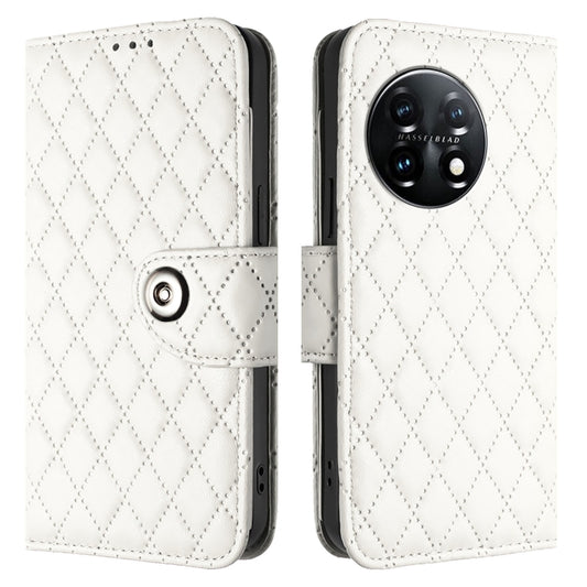 For OnePlus 11 Rhombic Texture Flip Leather Phone Case with Lanyard(White) by buy2fix