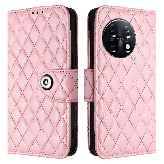 For OnePlus 11 Rhombic Texture Flip Leather Phone Case with Lanyard(Pink) by buy2fix