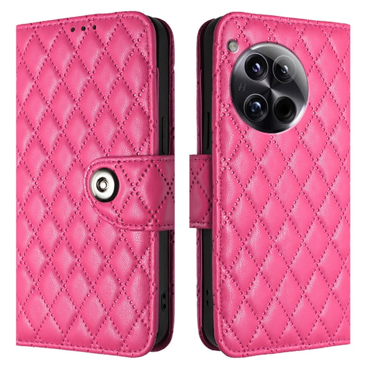 For OnePlus 12 5G Global Rhombic Texture Flip Leather Phone Case with Lanyard(Rose Red) by buy2fix