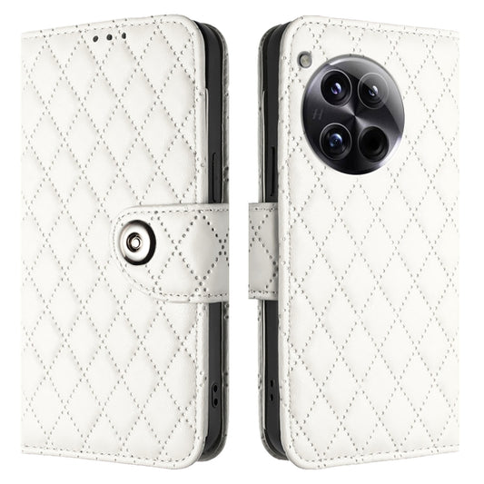For OnePlus 12 5G Global Rhombic Texture Flip Leather Phone Case with Lanyard(White) by buy2fix