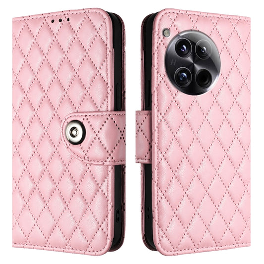 For OnePlus 12 5G Global Rhombic Texture Flip Leather Phone Case with Lanyard(Pink) by buy2fix