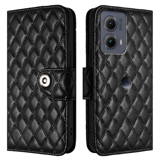 For Motorola Edge 2024 Rhombic Texture Flip Leather Phone Case with Lanyard(Black) by buy2fix