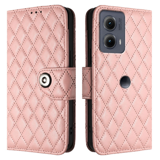 For Motorola Edge 2024 Rhombic Texture Flip Leather Phone Case with Lanyard(Coral Pink) by buy2fix