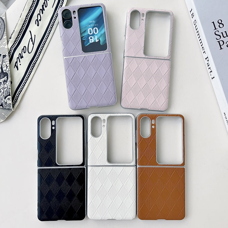 For OPPO Find N2 Flip Pearlescent Paint Diamond Shaped Checkered Leather Phone Case(Brown) by buy2fix