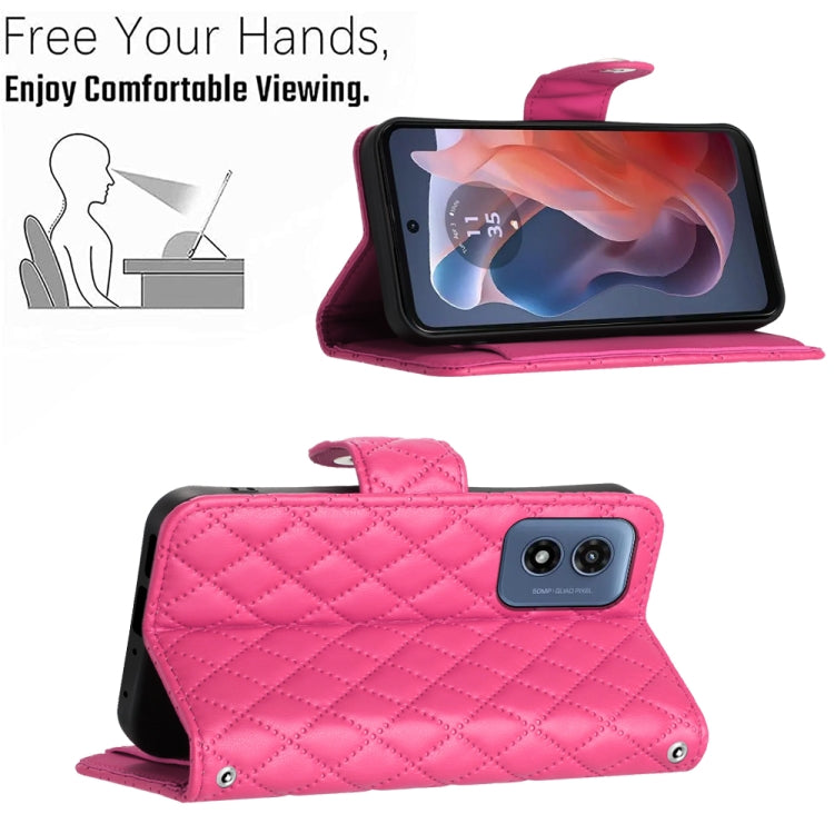 For Motorola Moto G Play 4G 2024 Rhombic Texture Flip Leather Phone Case with Long Lanyard(Rose Red) by buy2fix