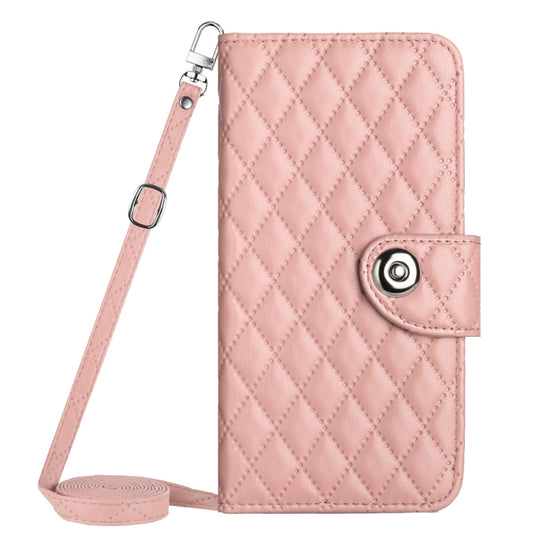 For Motorola Moto G Play 4G 2024 Rhombic Texture Flip Leather Phone Case with Long Lanyard(Coral Pink) by buy2fix