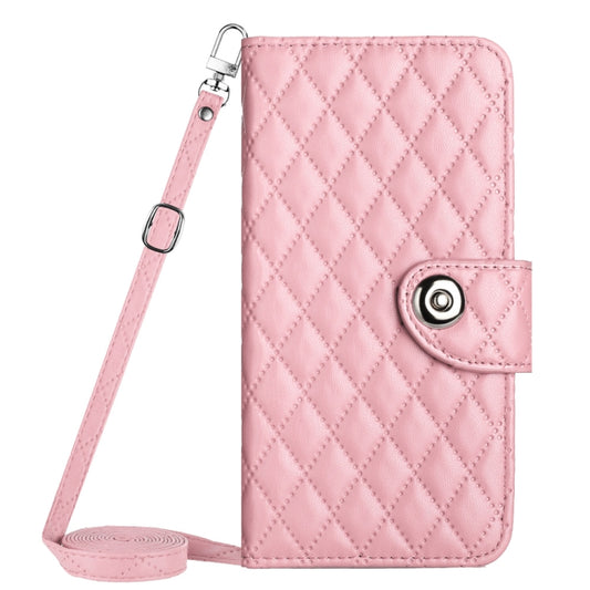 For Motorola Moto G Play 4G 2024 Rhombic Texture Flip Leather Phone Case with Long Lanyard(Pink) by buy2fix