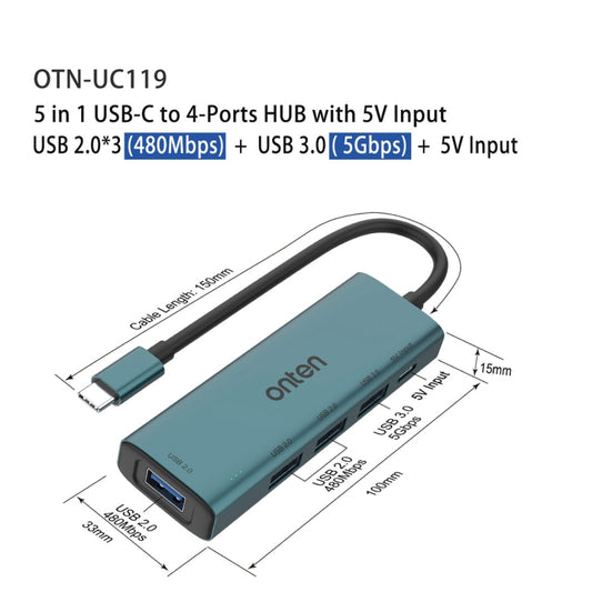 Onten UC119 5 in 1 USB-C / Type-C to USB 4-Ports USB HUB with 5V Input by Onten